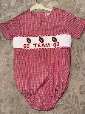 Red Gingham 'Go Team Go' Smocked Baby One-Piece